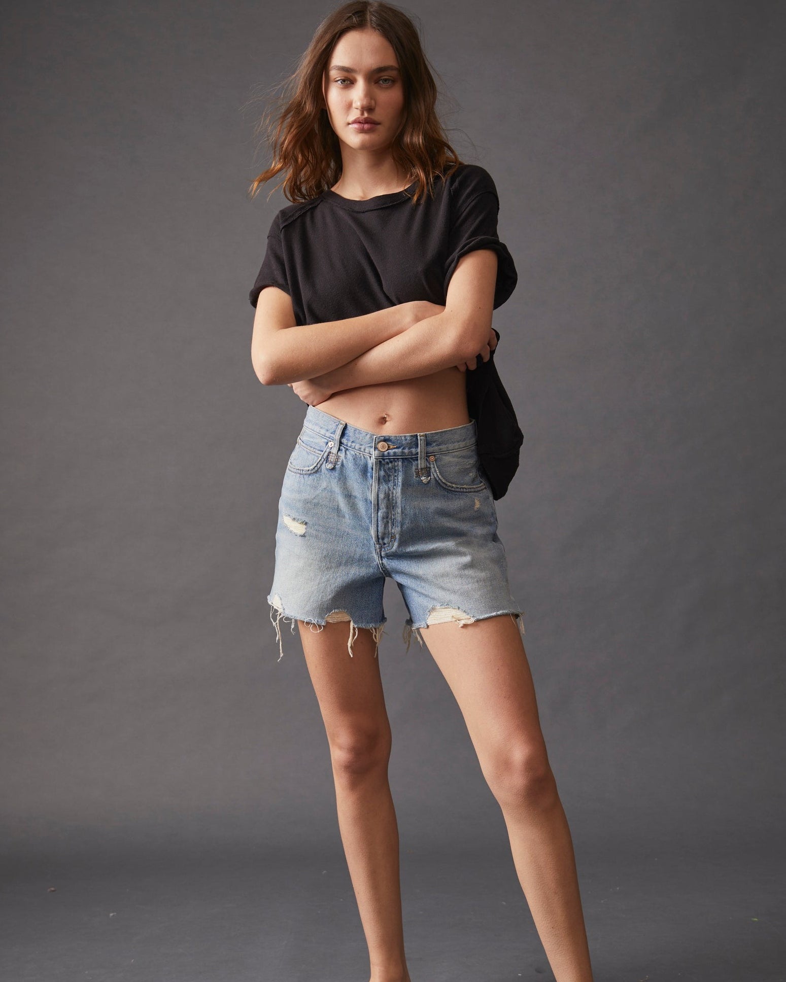 Free People Makai Cutoff Shorts – High-waisted denim shorts with a frayed hem, offering a relaxed fit and a vintage-inspired style for a casual, laid-back look, Loose Cannon
