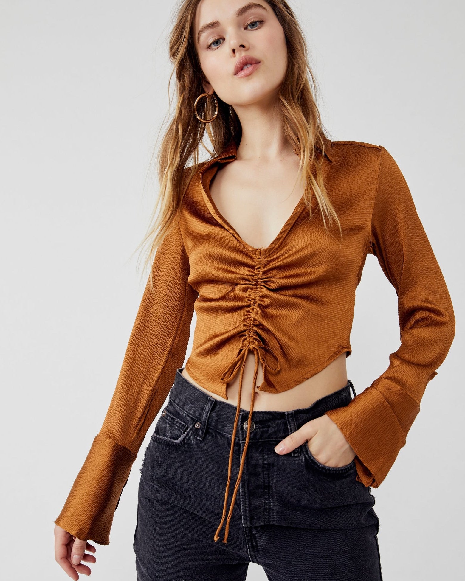 Free People Aurora Blouse – A flowy, lightweight blouse with long sleeves, delicate detailing, and a relaxed fit, offering a feminine and bohemian style, Tiger Eye