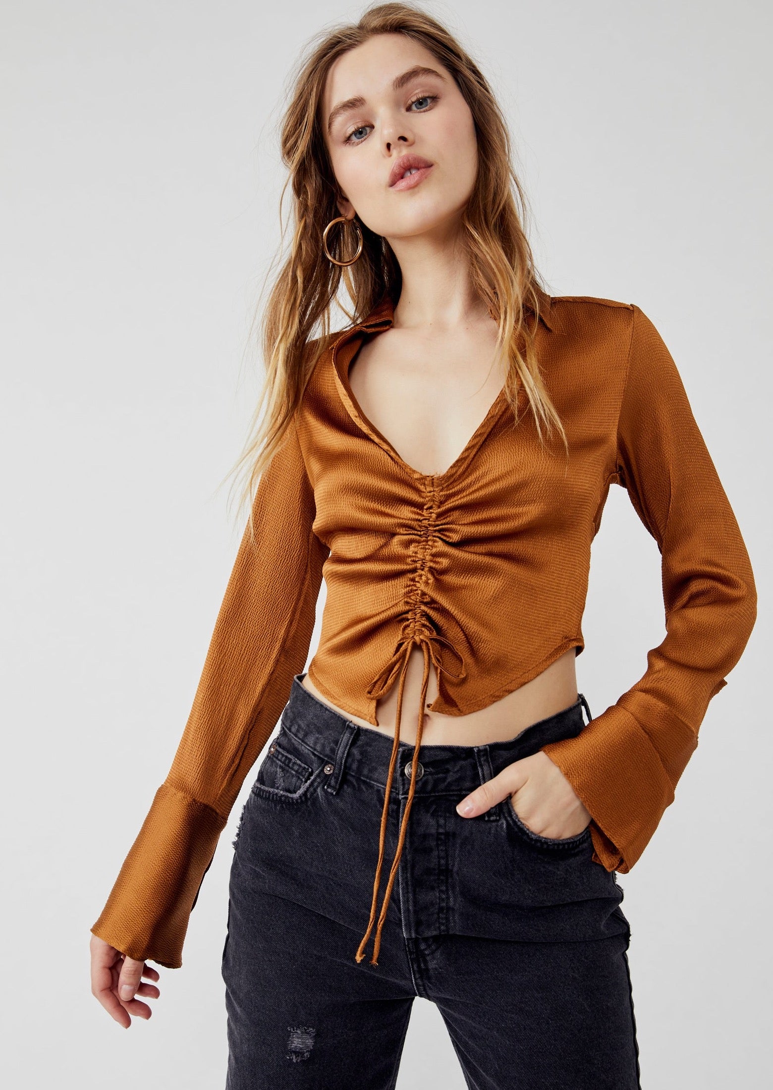 Free People Aurora Blouse – A flowy, lightweight blouse with long sleeves, delicate detailing, and a relaxed fit, offering a feminine and bohemian style, Tiger Eye