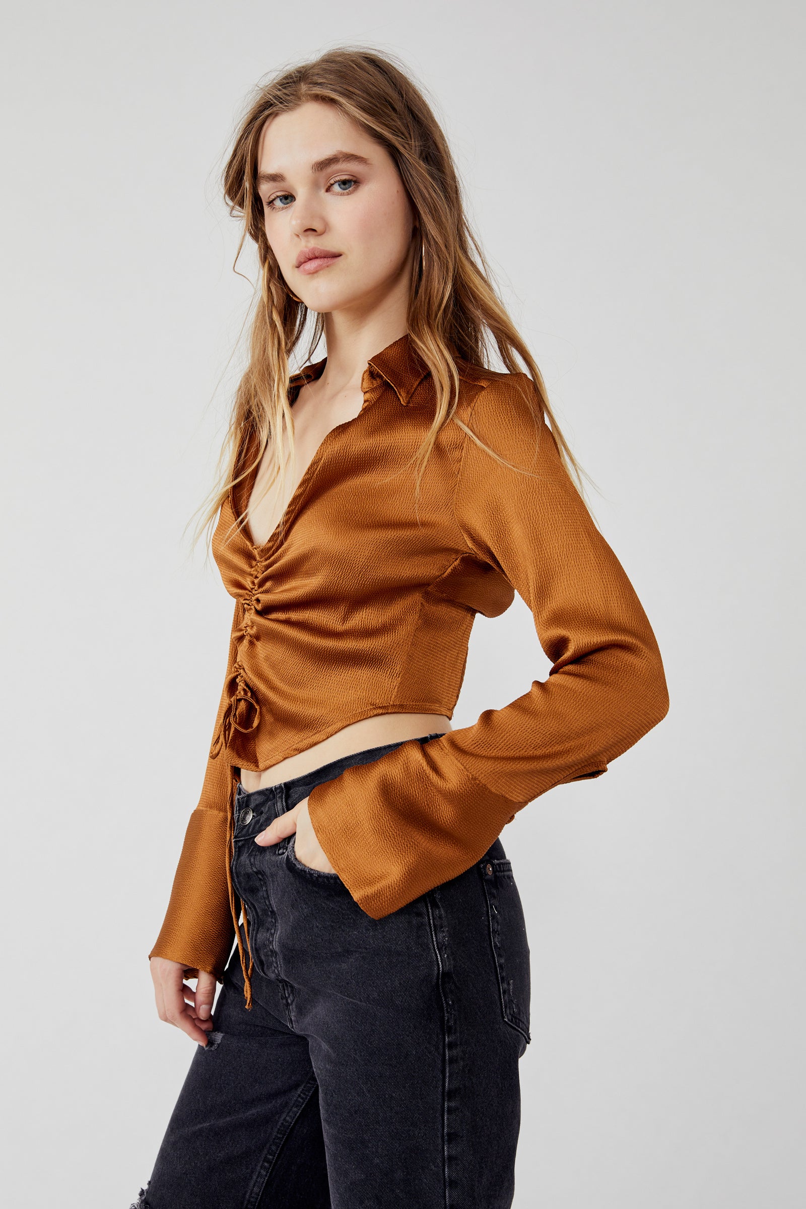 Free People Aurora Blouse – A flowy, lightweight blouse with long sleeves, delicate detailing, and a relaxed fit, offering a feminine and bohemian style, Tiger Eye