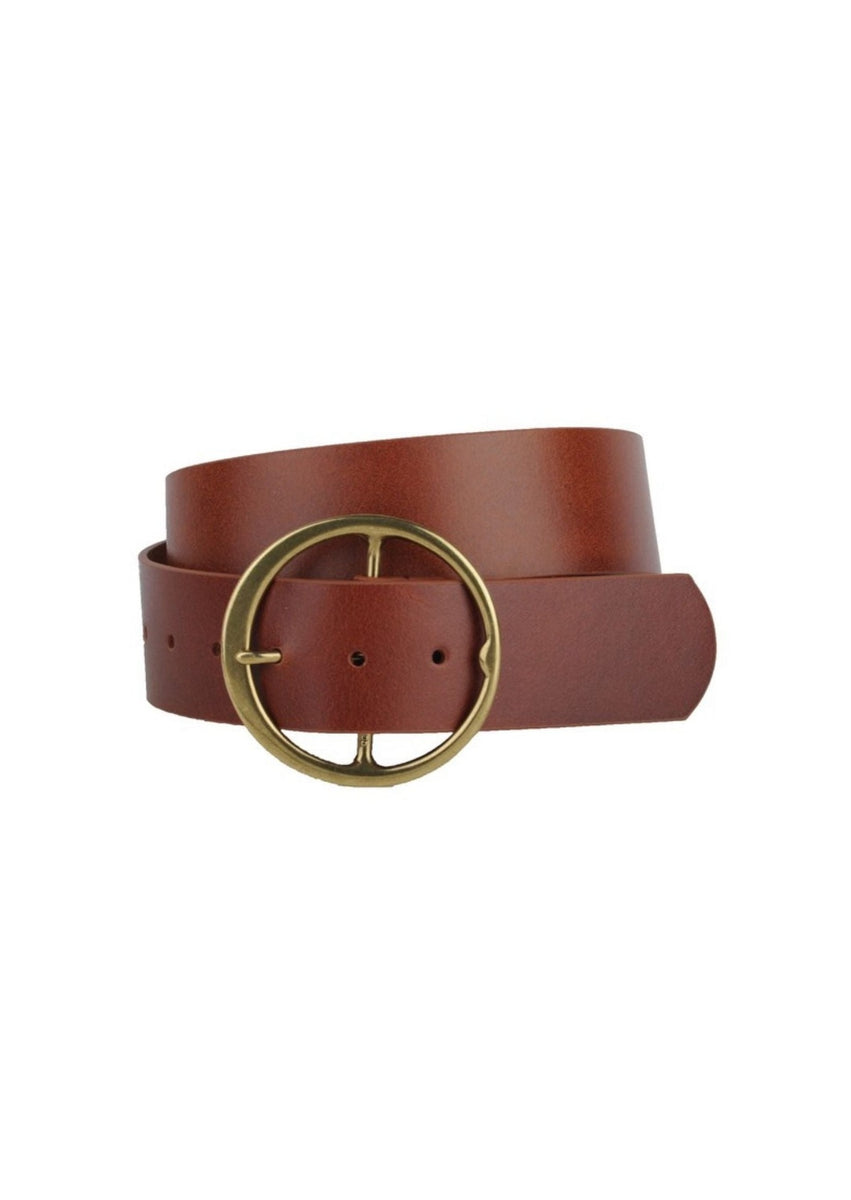 Leather belt with round buckle - Brown