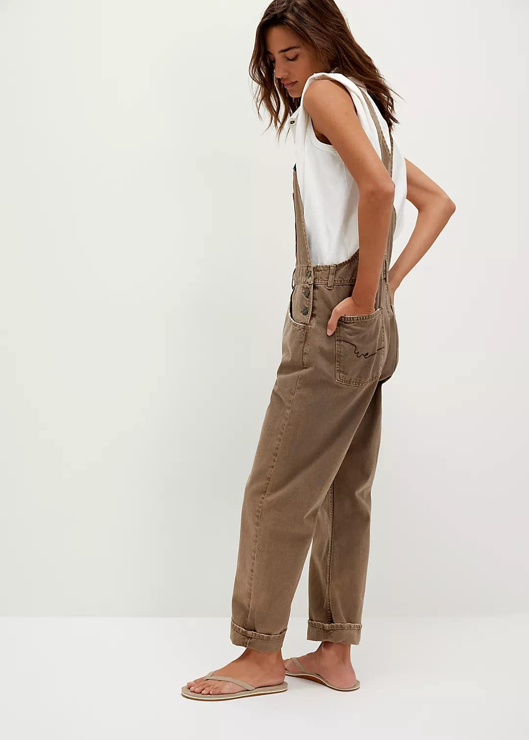 We The Free Ziggy Denim Overalls featuring a relaxed, vintage-inspired fit with wide legs and a distressed, worn-in look. The overalls have adjustable shoulder straps, a front bib pocket, and a button-up closure, offering both style and comfort for everyday wear, Cocoa