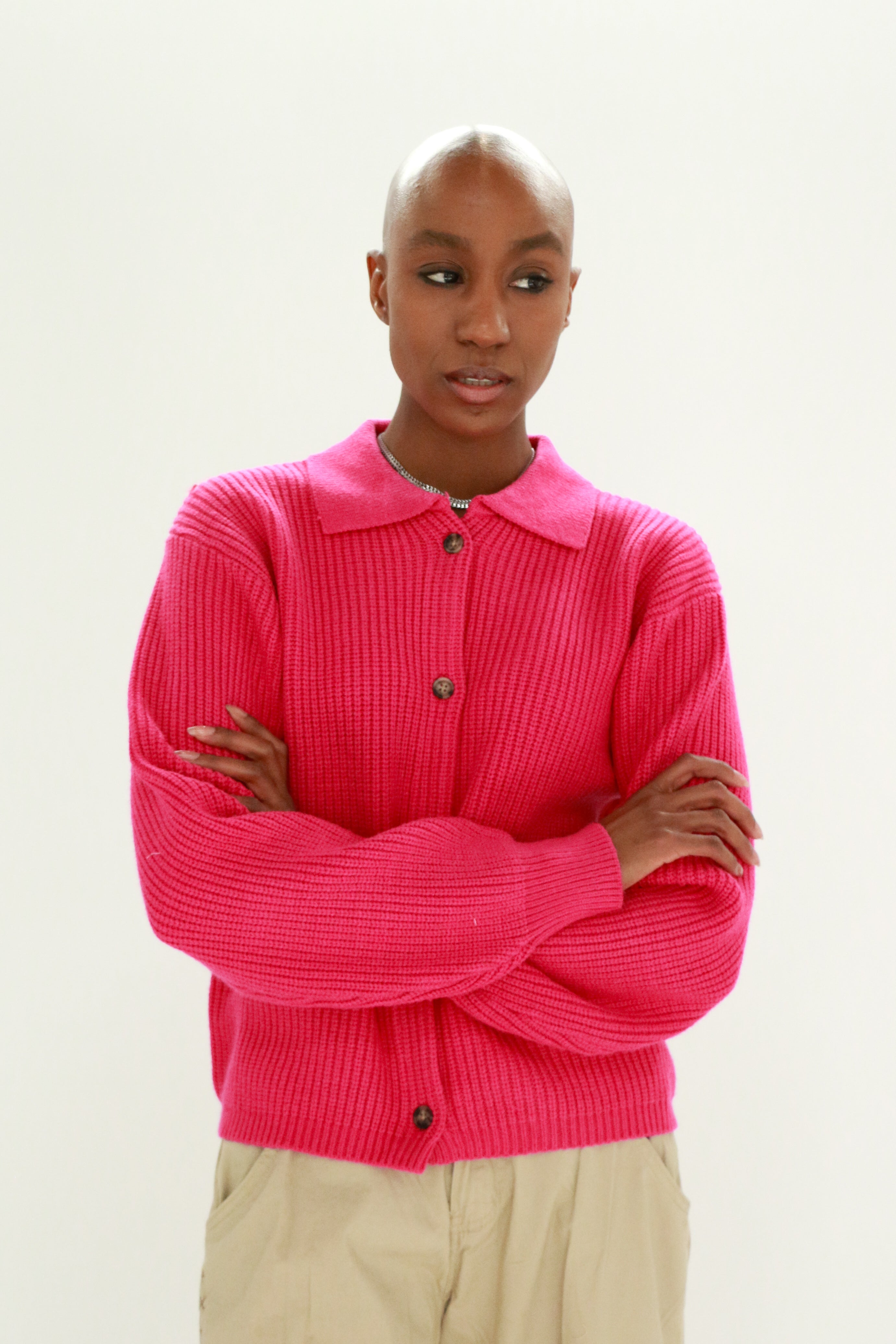 Knit Button Front Cardigan Hot Pink