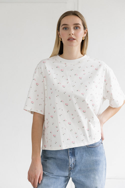 Floral Boxy Tee | Cream w/ Pink