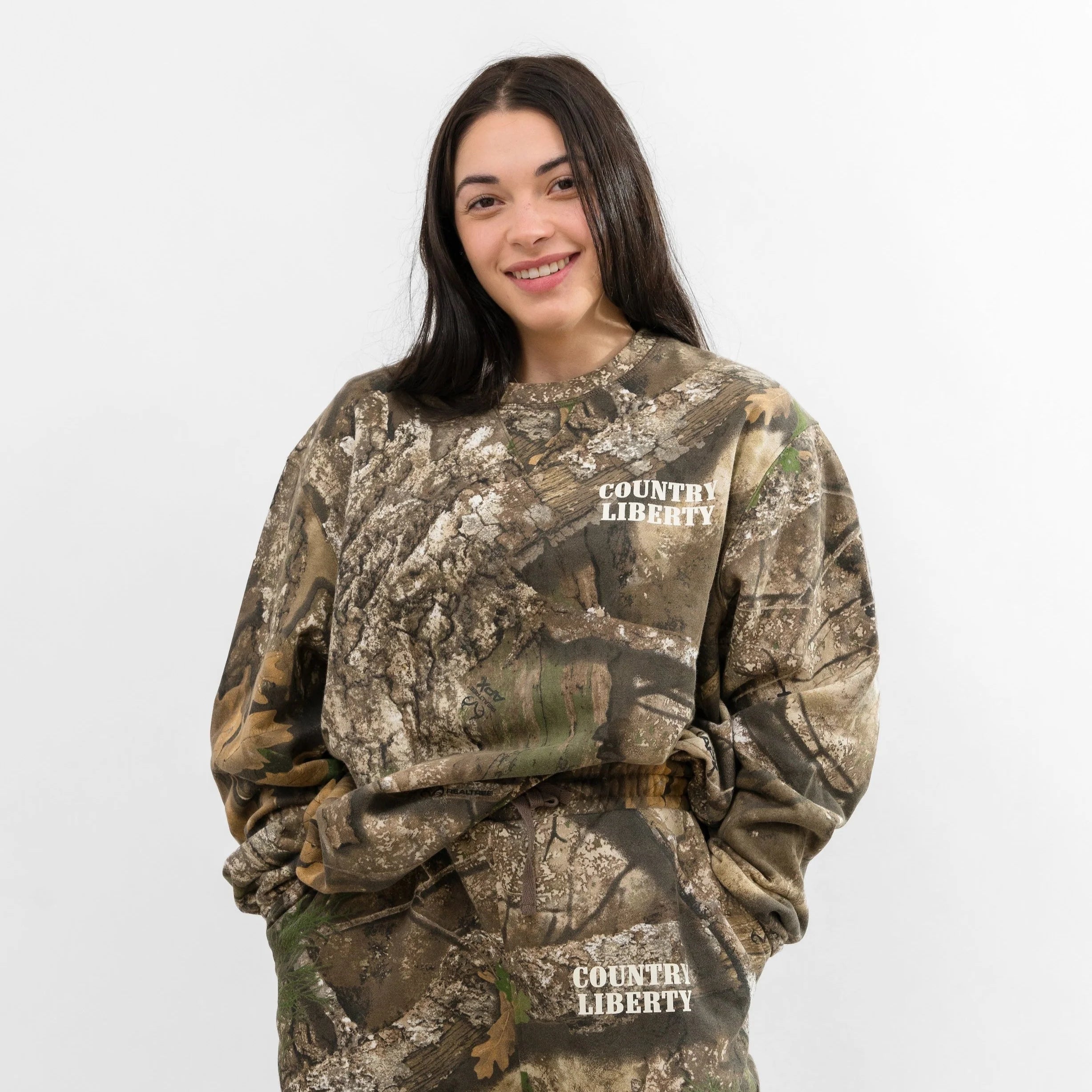 Country Liberty Realtree crewneck sweatshirt with allover camo print and relaxed fit