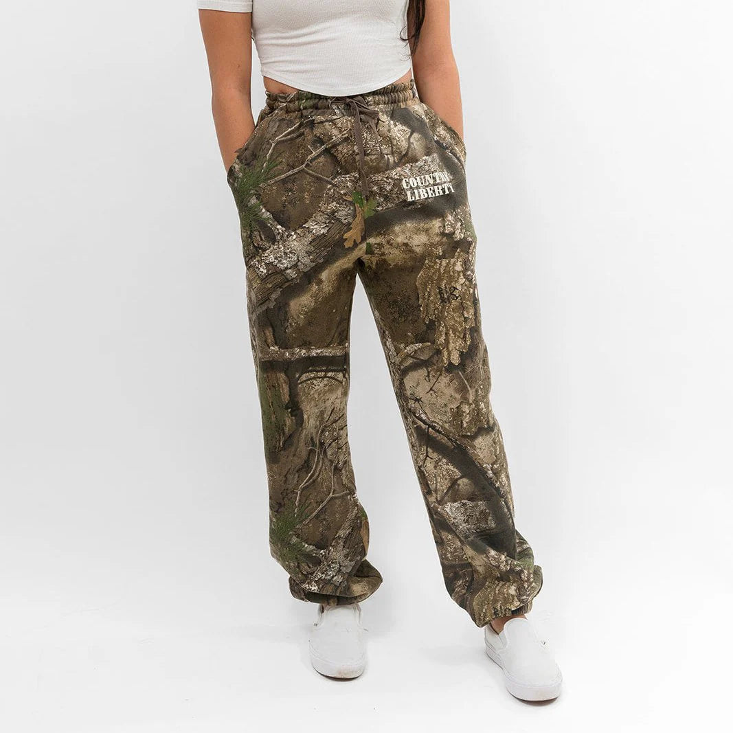 Country Liberty Realtree sweats with allover camo print and elastic waistband.