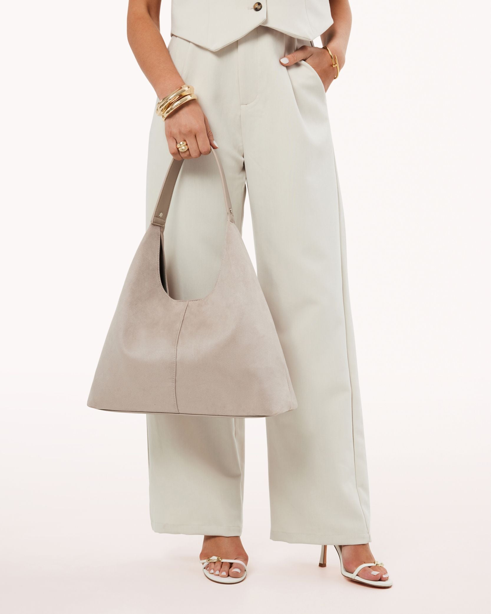 Tammy Suede Shoulder Bag with fixed shoulder strap, magnetic snap closure, and soft suede texture with structured base, Mist Suede