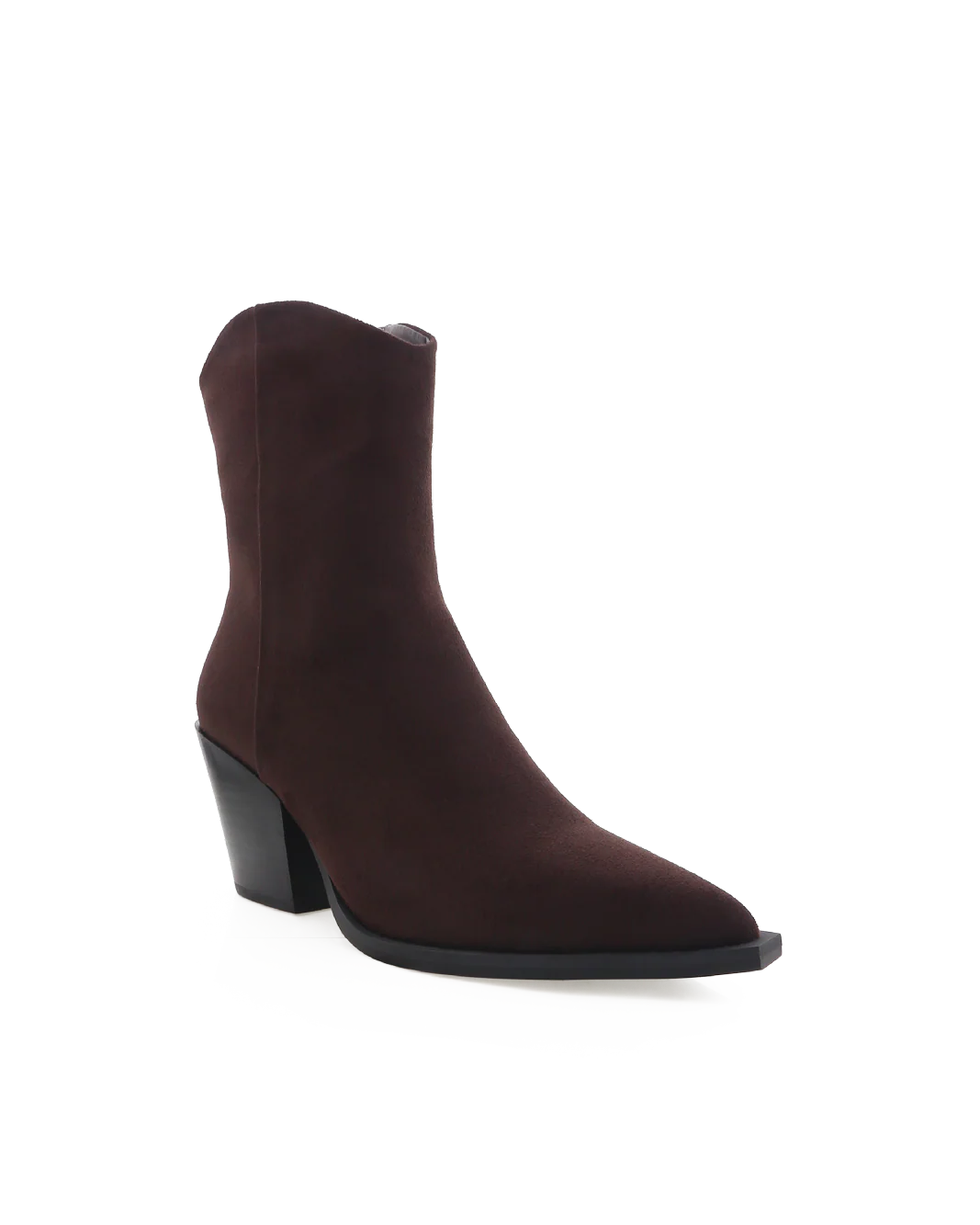 Maysa Suede Ankle Boot with mid-height block heel, zip closure on inner side, and smooth synthetic suede finish, Chocolate Suede