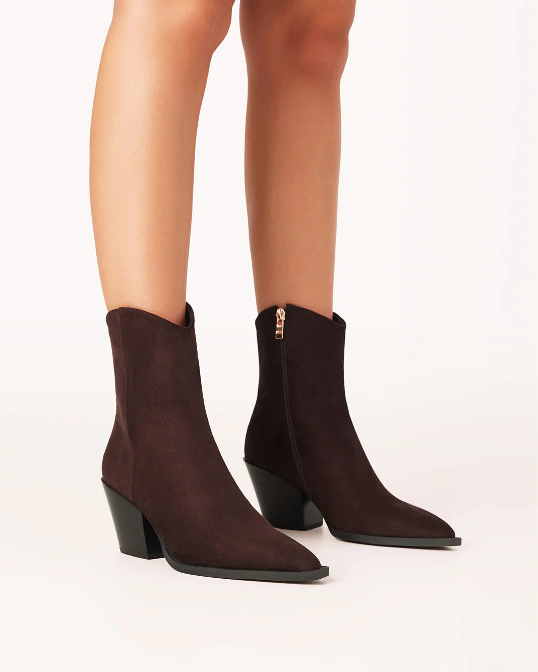 Maysa Suede Ankle Boot with mid-height block heel, zip closure on inner side, and smooth synthetic suede finish, Chocolate Suede
