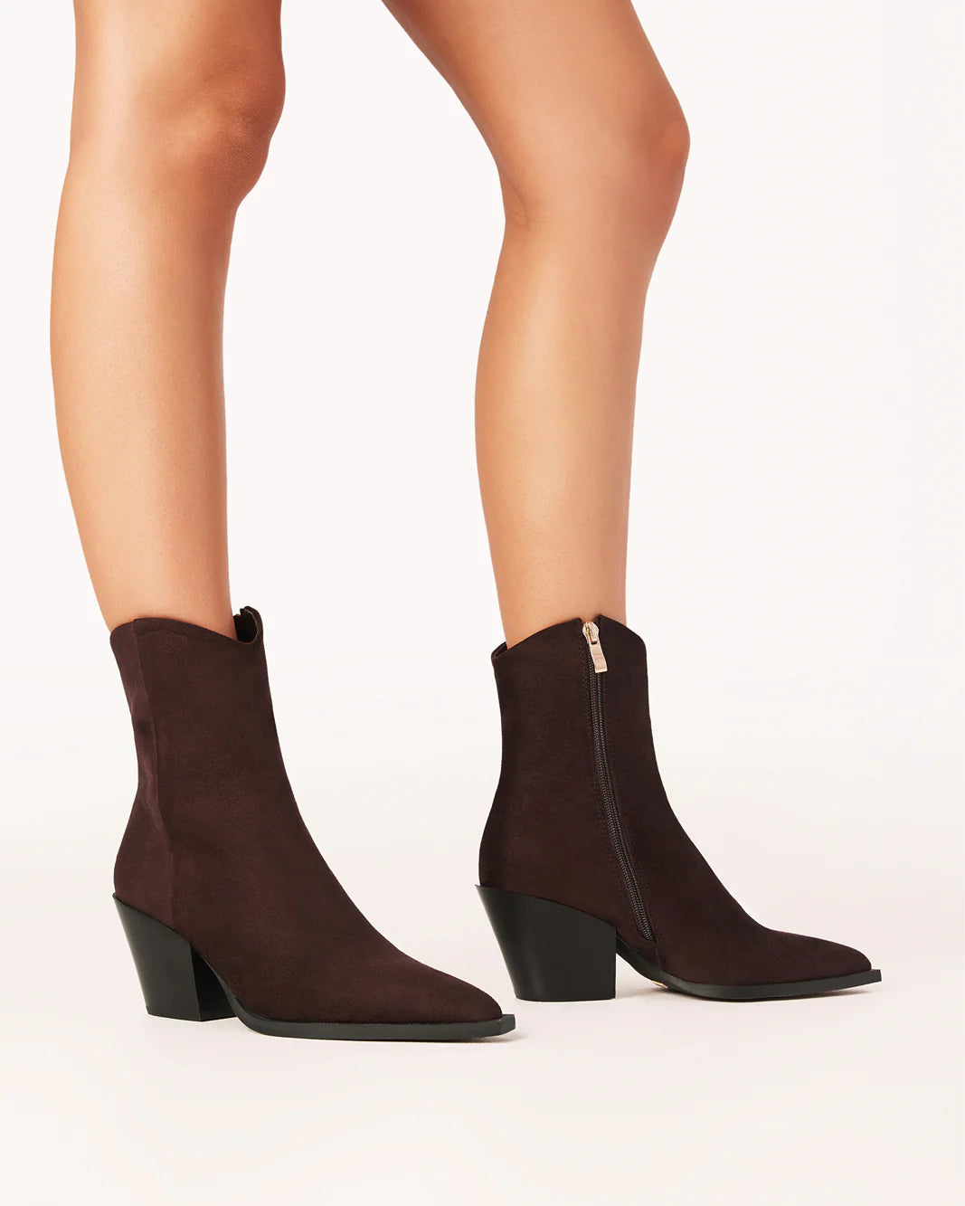 Maysa Suede Ankle Boot with mid-height block heel, zip closure on inner side, and smooth synthetic suede finish, Chocolate Suede