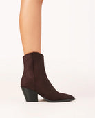Maysa Suede Ankle Boot with mid-height block heel, zip closure on inner side, and smooth synthetic suede finish, Chocolate Suede