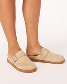 Orlin Suede Slip-On Clogs with low heel, clean lines, and soft suede finish, Desert Suede