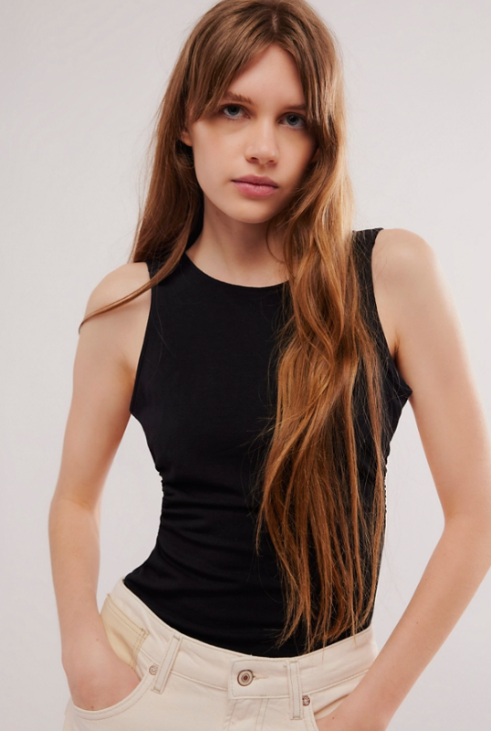 Free People Wear It Out Backless Cami with a crew neckline, fitted style, and open back design, Black