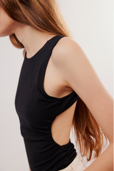 Free People Wear It Out Backless Cami with a crew neckline, fitted style, and open back design, Black