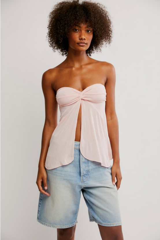 Free People Call Me Later Tunic – A chic strapless tunic-length top with a fitted bust, twisted detail at the sweetheart neckline, and a center-front split, made from soft, stretchy fabric for a versatile, stylish look, Pink