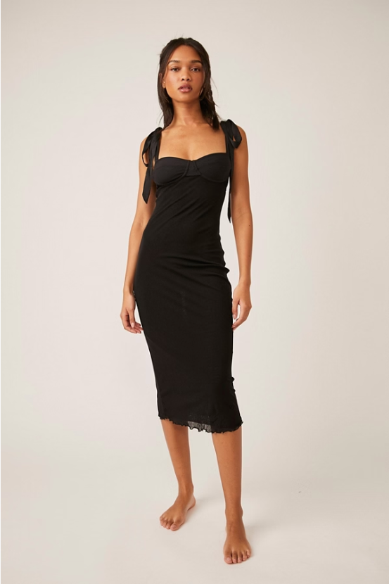 Free People Got Glam Slip Dress – a lightweight, mesh midi slip with a sweetheart neckline, bust detail, adjustable shoulder ties, low back, and lettuce-edge trim, Black