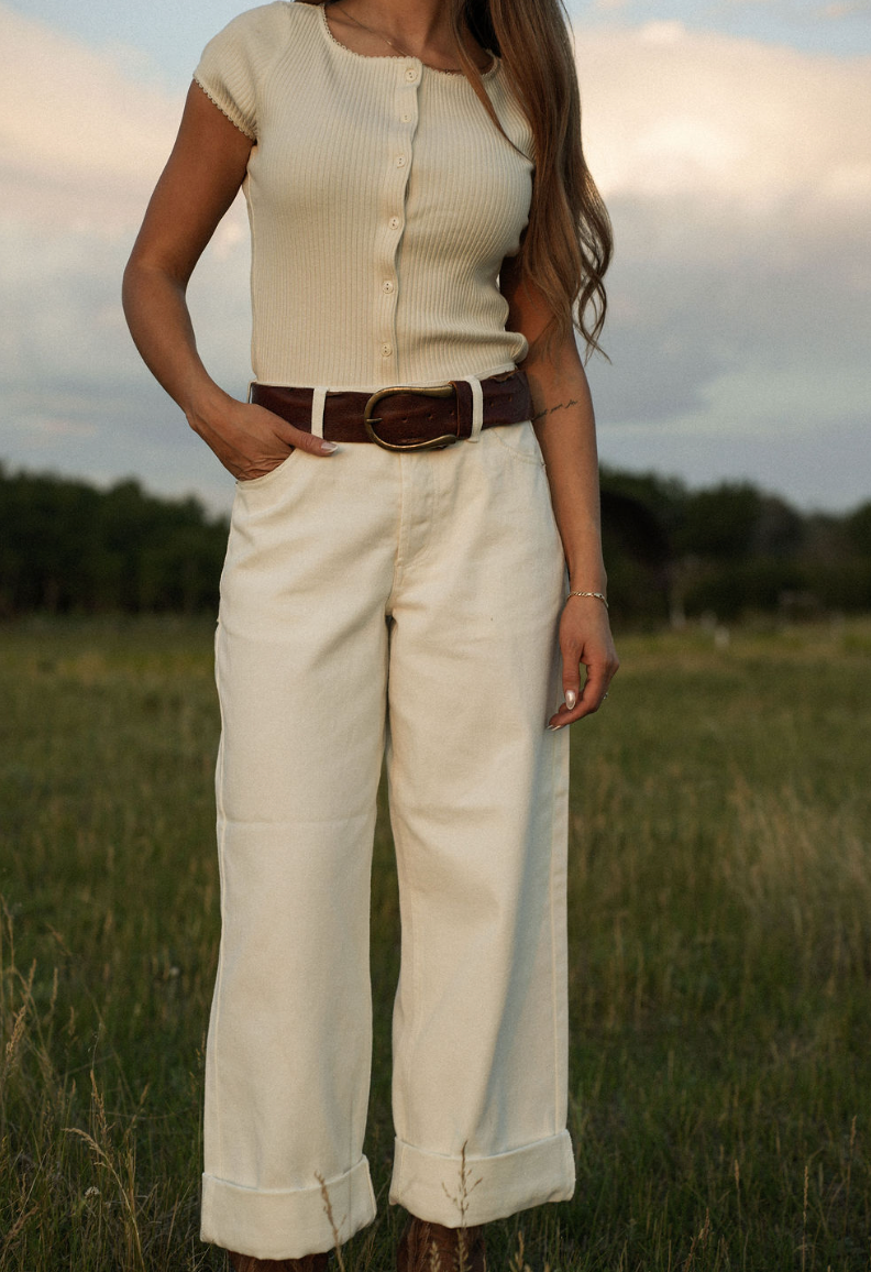 Z Supply Lou Denim Pant, featuring a relaxed fit, high-rise waist, soft stretch denim fabric, and casual straight-leg silhouette, Off White