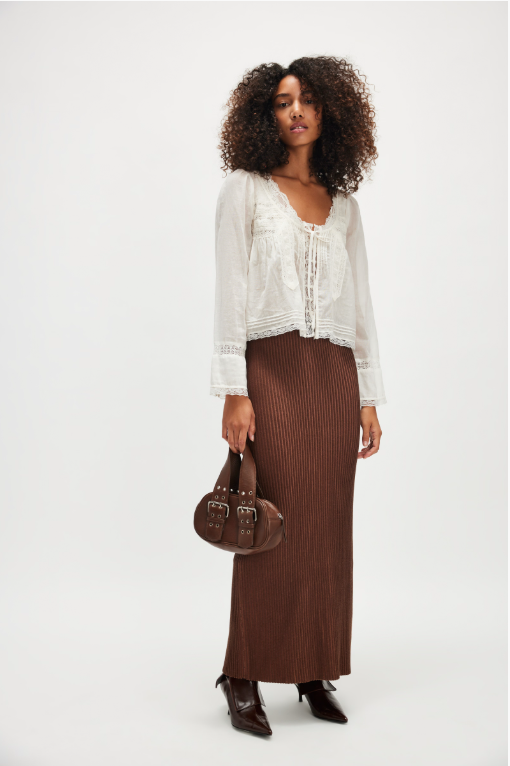 Free People Long Sleeve Forevermore Top – a relaxed, slightly cropped long-sleeve top with a square neckline, tie detail, button closures, and sheer lace trim, Ivory