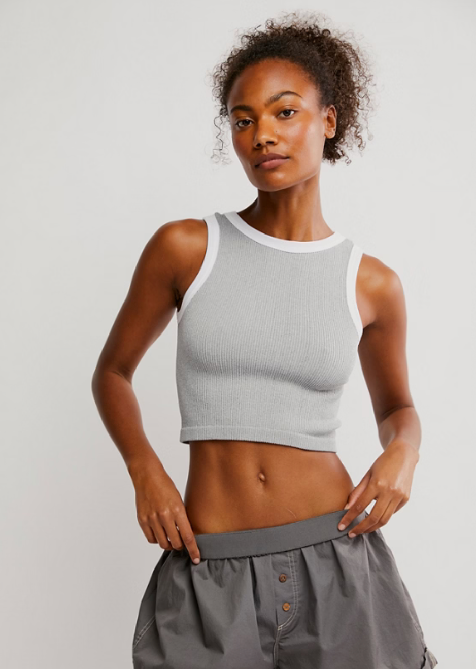 Free People Make It Happen Brami with a stretchy, snug fit, scoop neckline, and cropped design, Grey/White