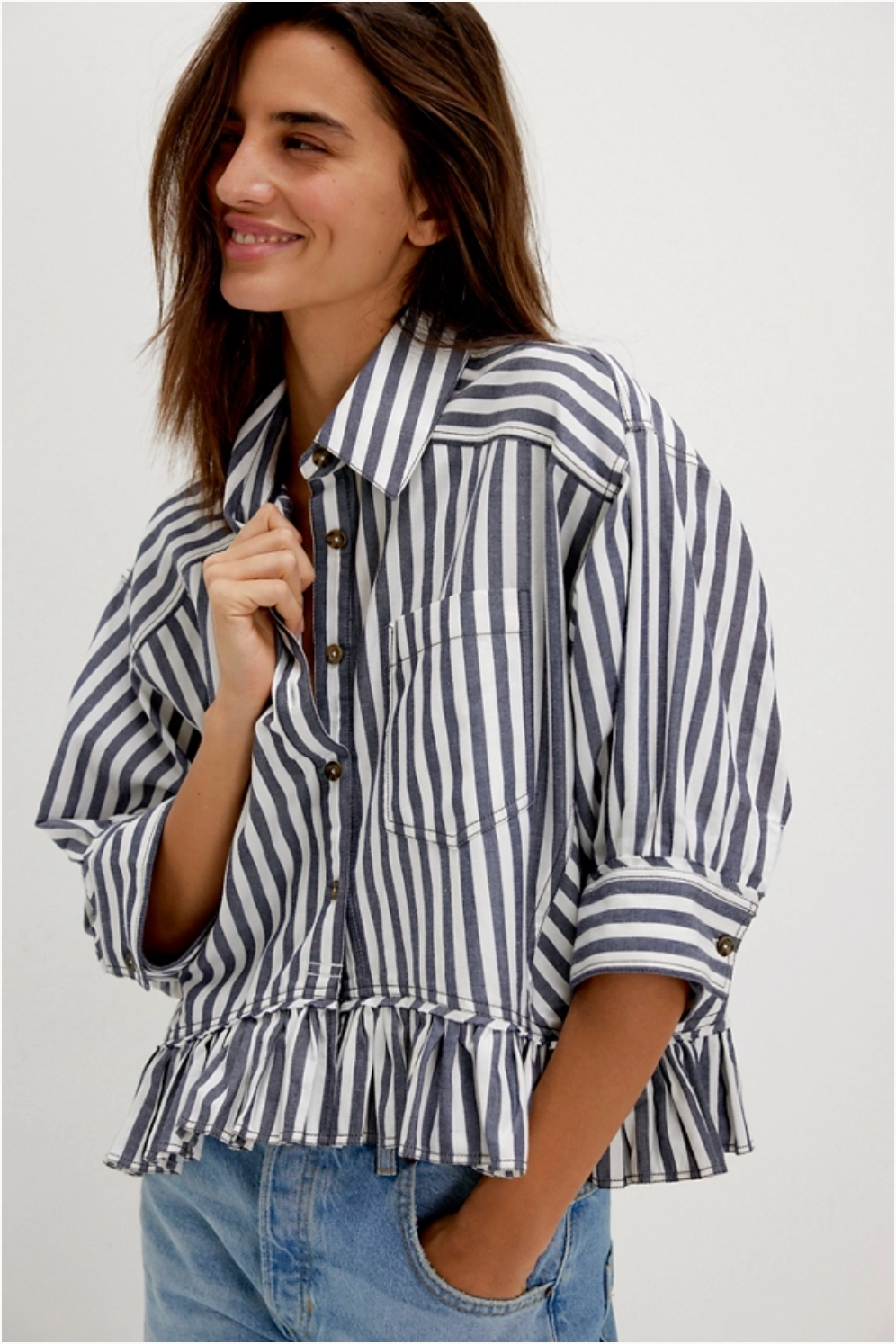 We The Free Bailey striped shirt, 3/4 sleeve button-down with relaxed fit and striped pattern, Nautical Navy Combo