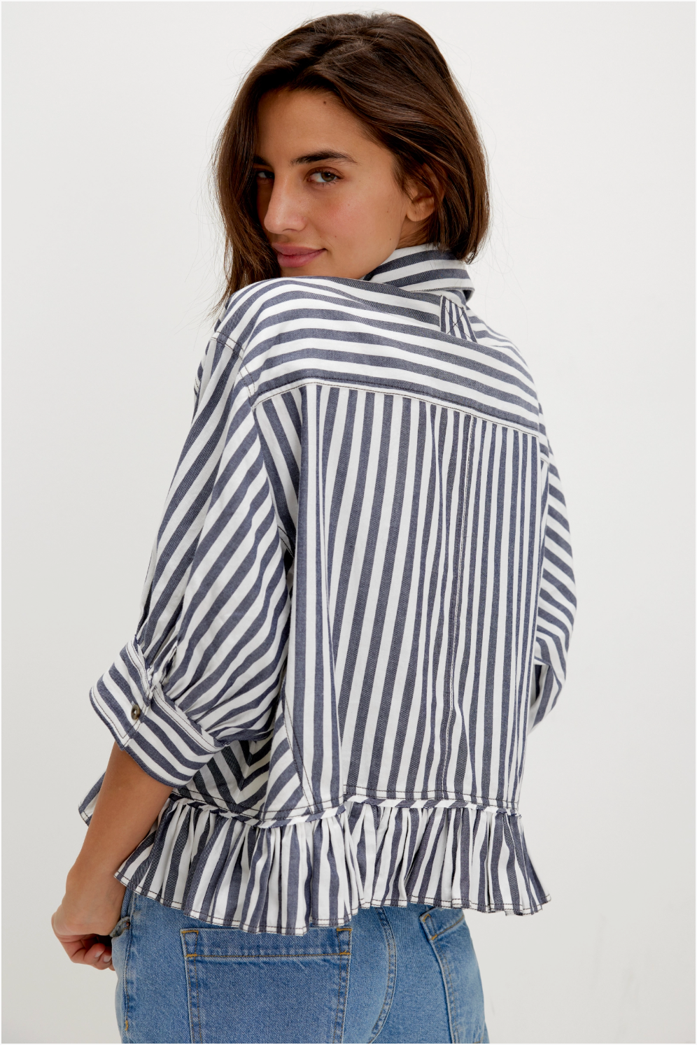 We The Free Bailey striped shirt, 3/4 sleeve button-down with relaxed fit and striped pattern, Nautical Navy Combo