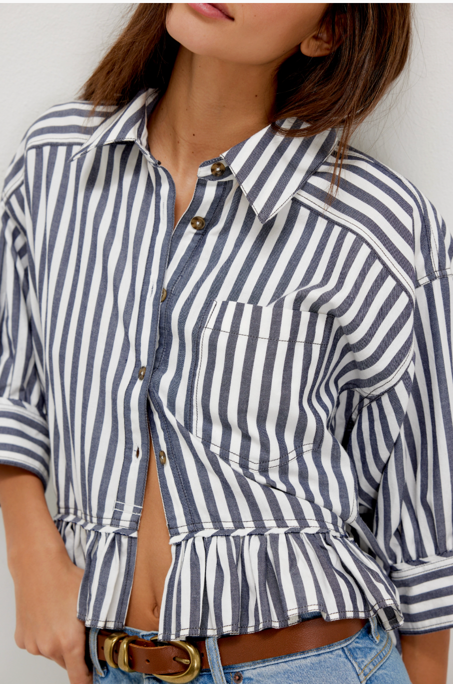 We The Free Bailey striped shirt, 3/4 sleeve button-down with relaxed fit and striped pattern, Nautical Navy Combo