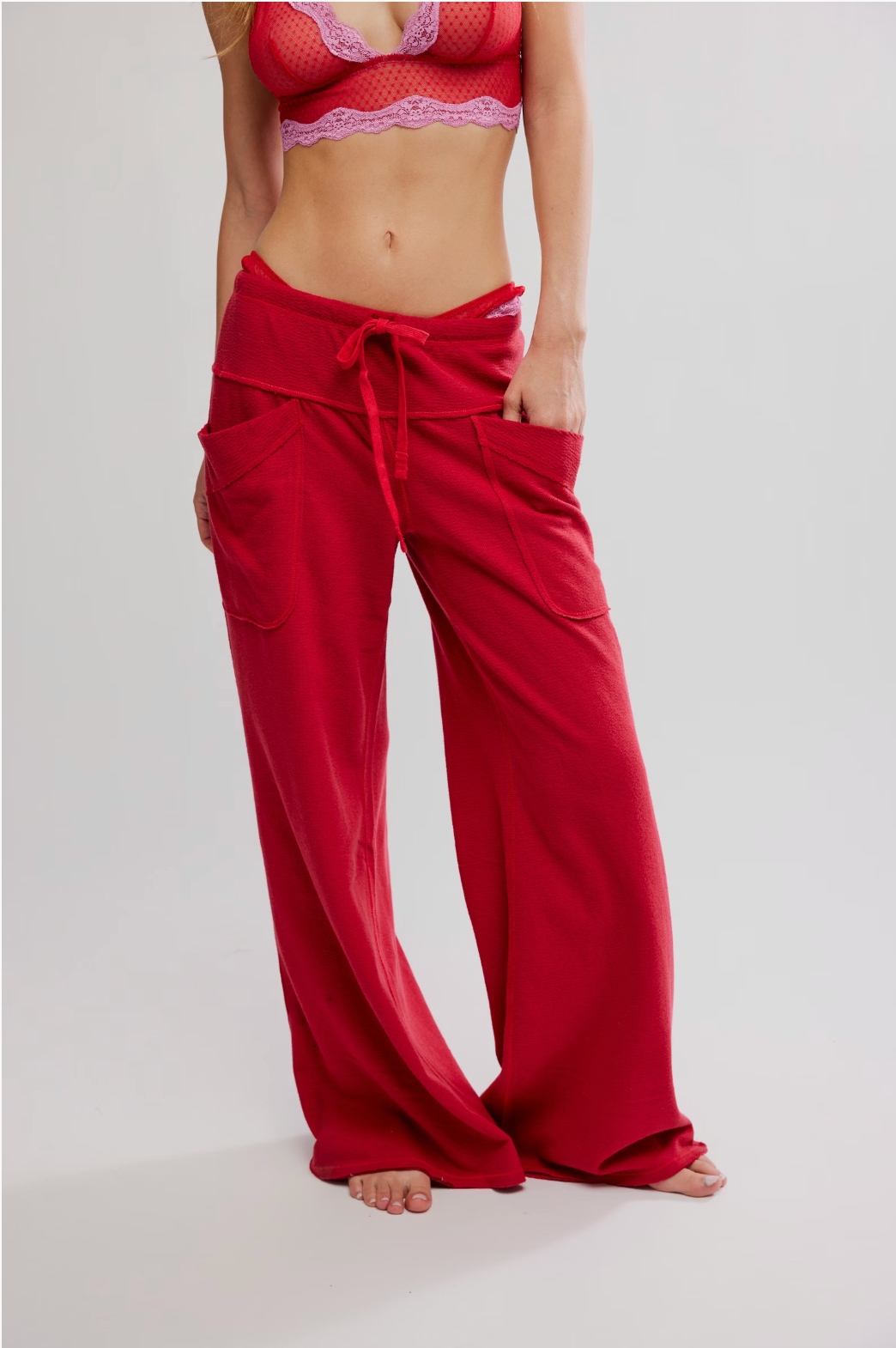 Free People Staycation lounge pants, soft knit with wide-leg silhouette and relaxed cozy fit, Deep Cherry