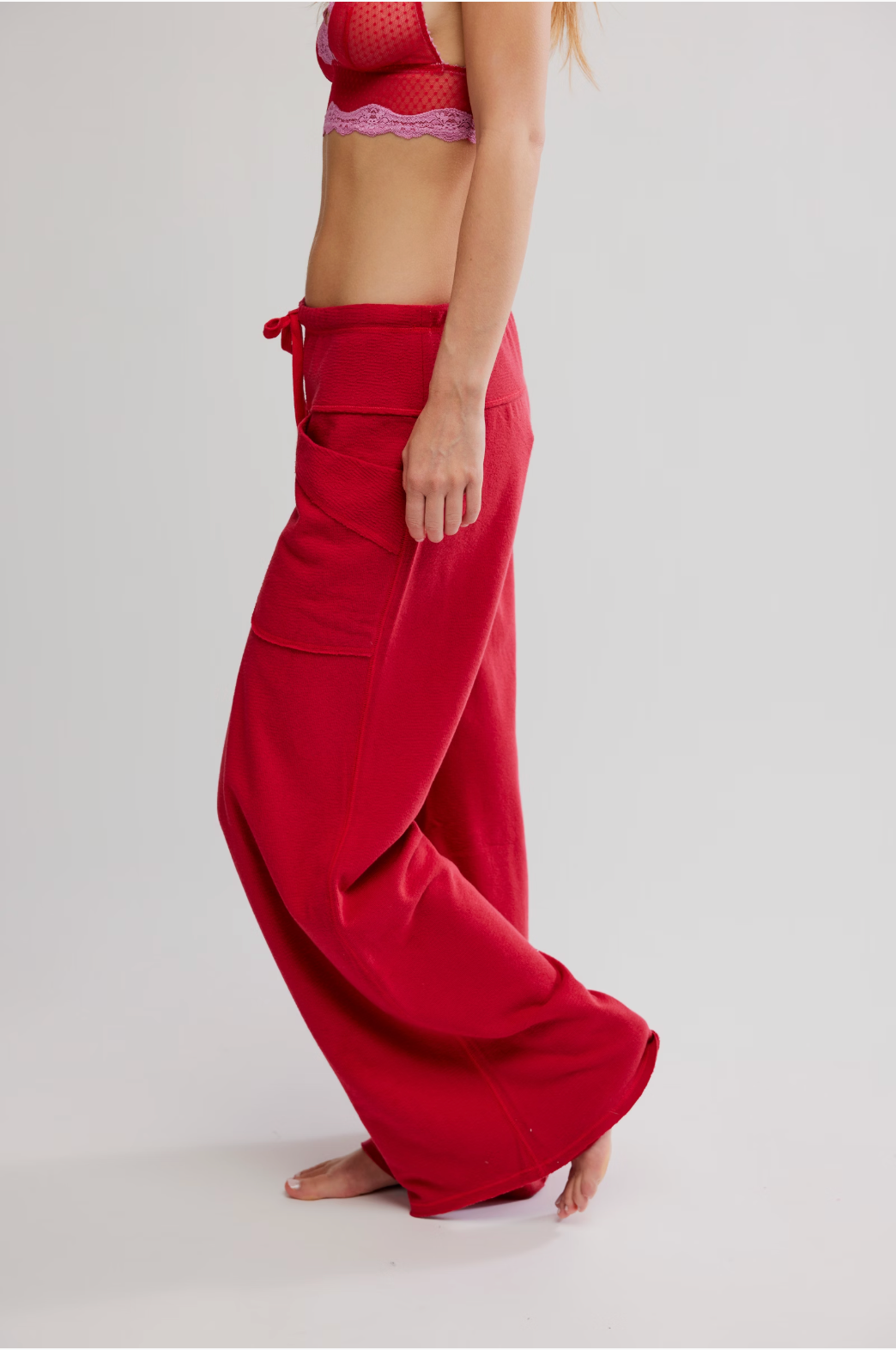 Free People Staycation lounge pants, soft knit with wide-leg silhouette and relaxed cozy fit, Deep Cherry