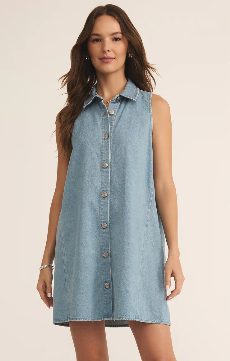 Z Supply New Light Twill Mini Dress for women, featuring soft twill fabric, relaxed fit, sleeveless design, and mini length — a casual staple for everyday wear, Light Vintage Indigo