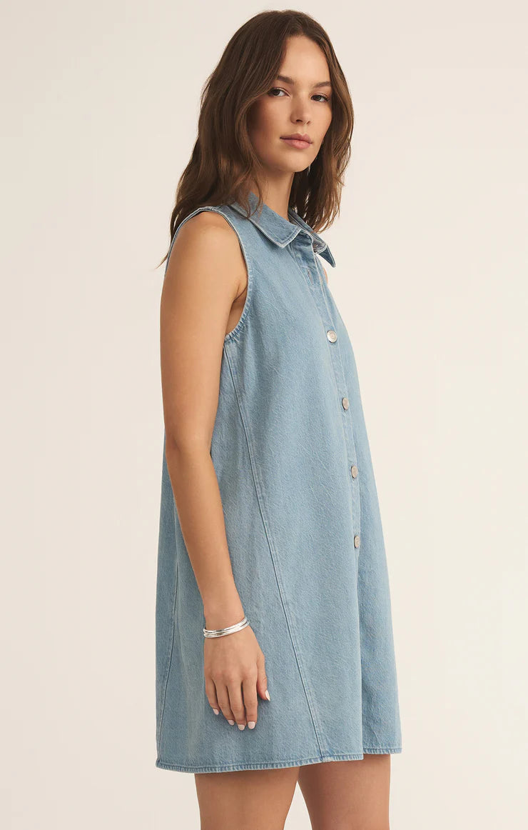 Z Supply New Light Twill Mini Dress for women, featuring soft twill fabric, relaxed fit, sleeveless design, and mini length — a casual staple for everyday wear, Light Vintage Indigo