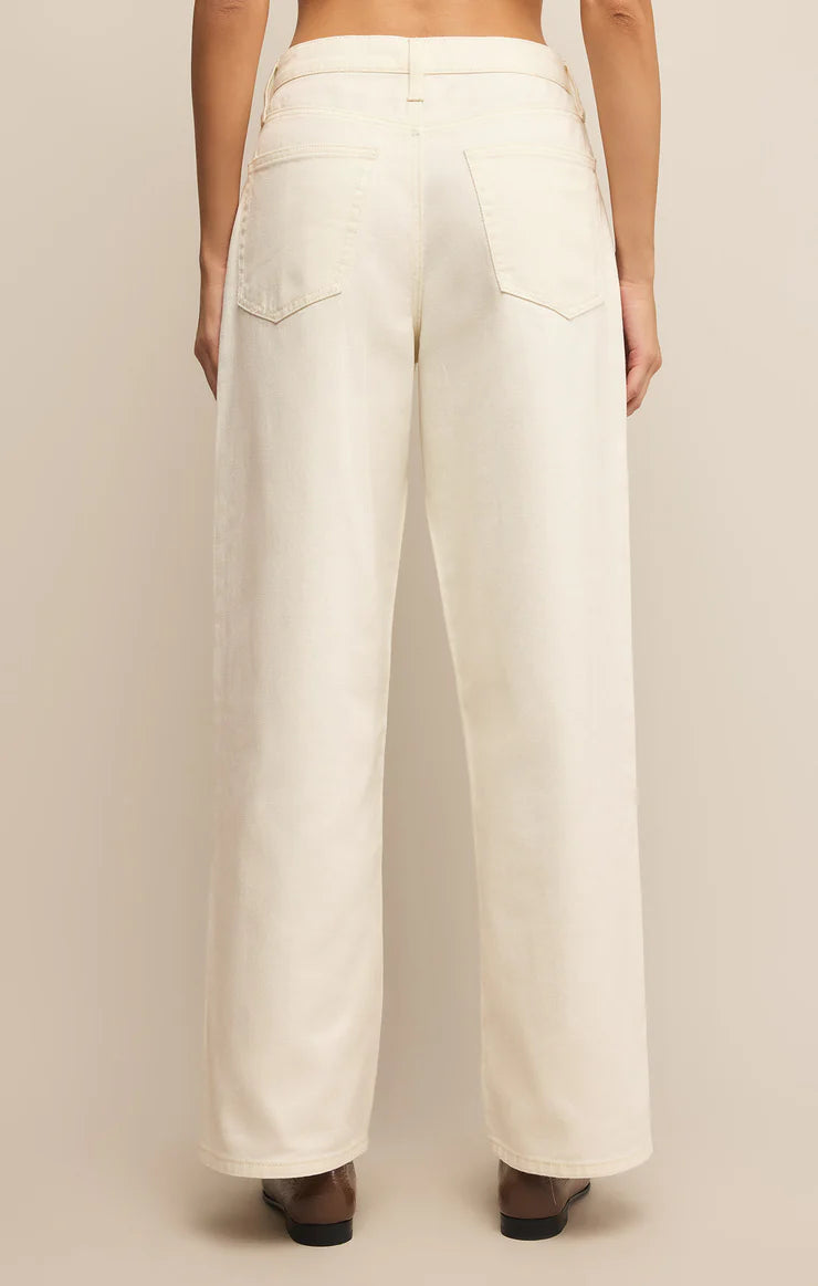 Z Supply Lou Denim Pant, featuring a relaxed fit, high-rise waist, soft stretch denim fabric, and casual straight-leg silhouette, Off White