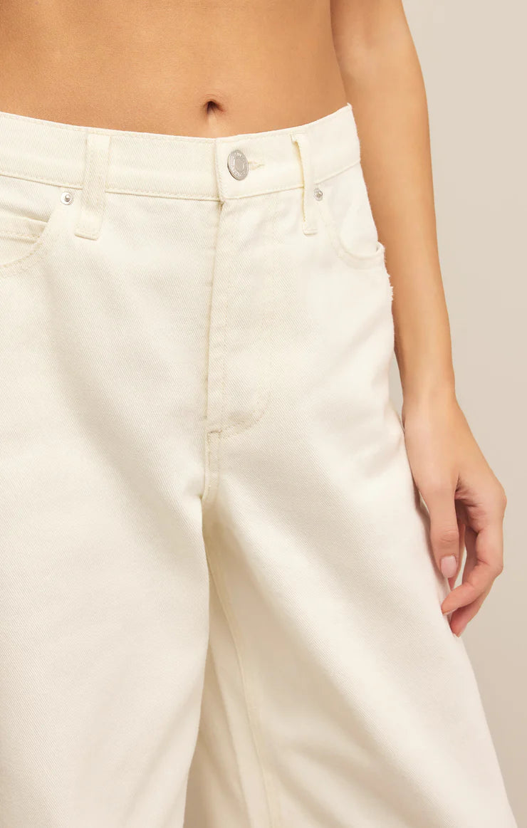 Z Supply Lou Denim Pant, featuring a relaxed fit, high-rise waist, soft stretch denim fabric, and casual straight-leg silhouette, Off White