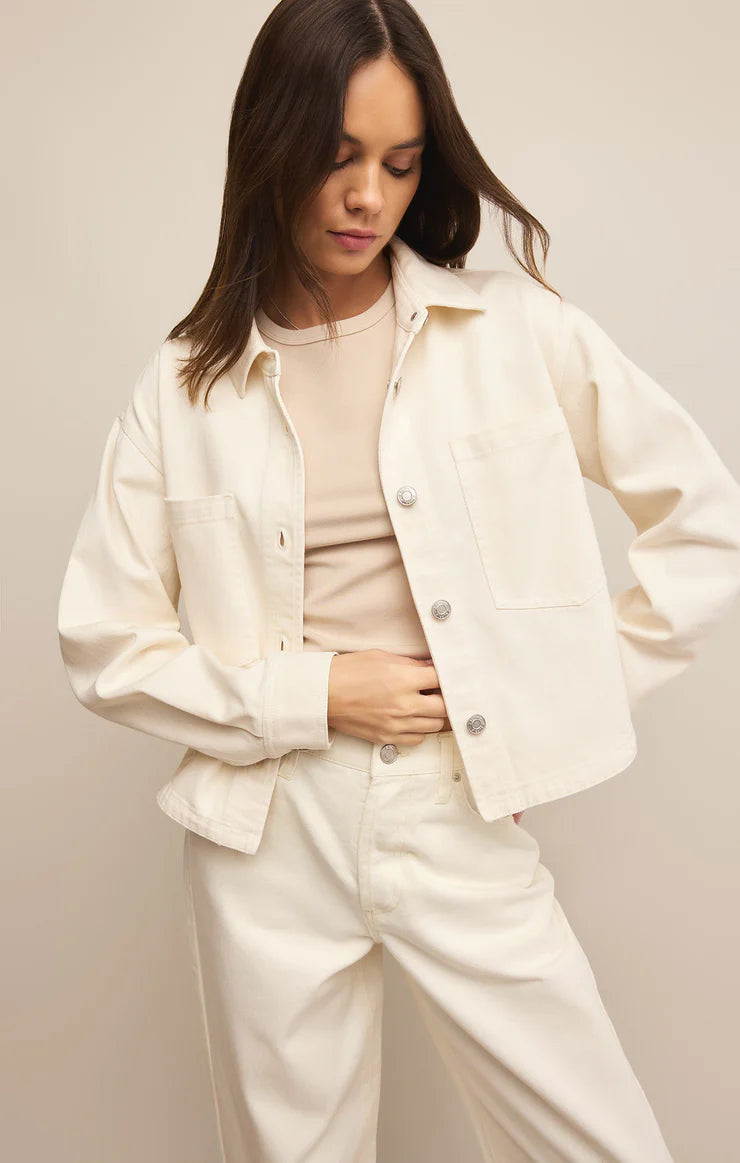 Z Supply Lou Denim Pant, featuring a relaxed fit, high-rise waist, soft stretch denim fabric, and casual straight-leg silhouette, Off White