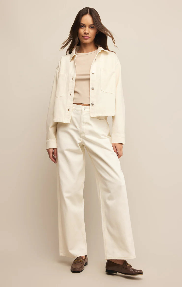 Z Supply Lou Denim Pant, featuring a relaxed fit, high-rise waist, soft stretch denim fabric, and casual straight-leg silhouette, Off White