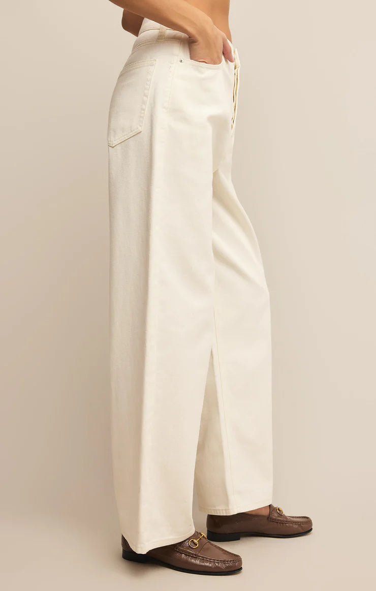 Z Supply Lou Denim Pant, featuring a relaxed fit, high-rise waist, soft stretch denim fabric, and casual straight-leg silhouette, Off White