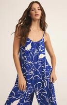 Z Supply Toluca Cala Jumpsuit with scoop neck, adjustable straps, cropped flared legs, side pockets, and soft rayon-spandex jersey, Oceanside