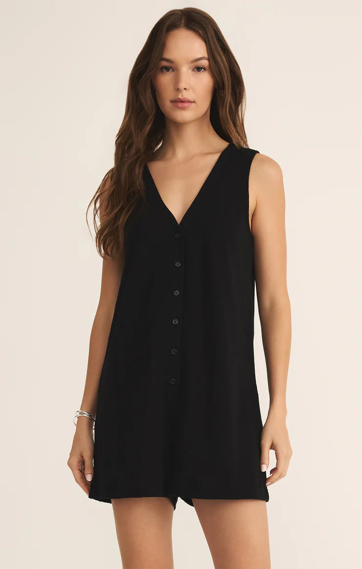 Z Supply Solace Textured Romper for women, made from soft textured knit with a relaxed fit, sleeveless cut, and flattering V-neckline — perfect for casual summer wear or lounging, Black