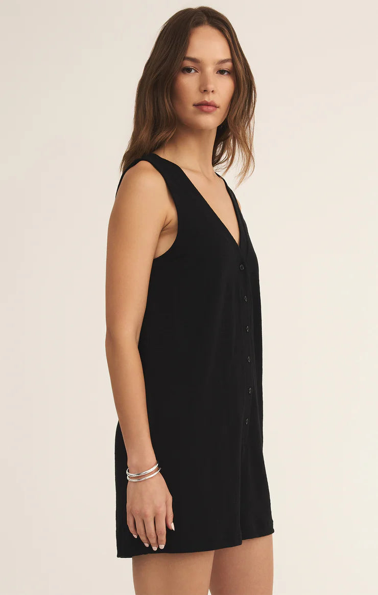 Z Supply Solace Textured Romper for women, made from soft textured knit with a relaxed fit, sleeveless cut, and flattering V-neckline — perfect for casual summer wear or lounging, Black
