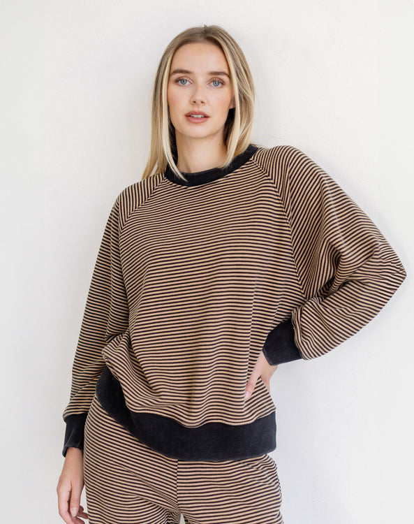 Mini Striped Crew | Washed Black w/ Tan
