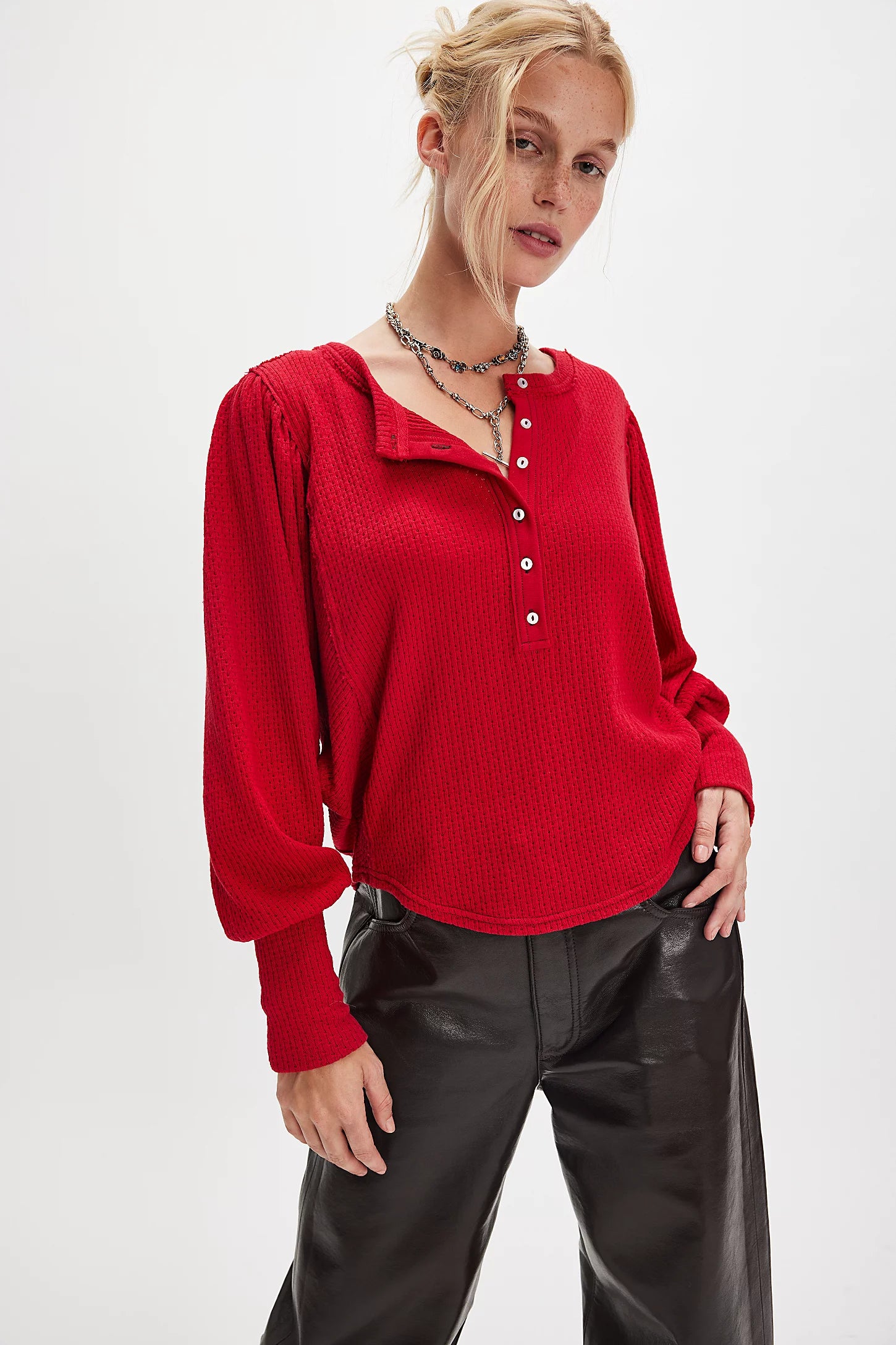 We The Free Quinn Knit Top — oversized thermal henley with voluminous balloon sleeves and cotton-blend knit texture, Salsa