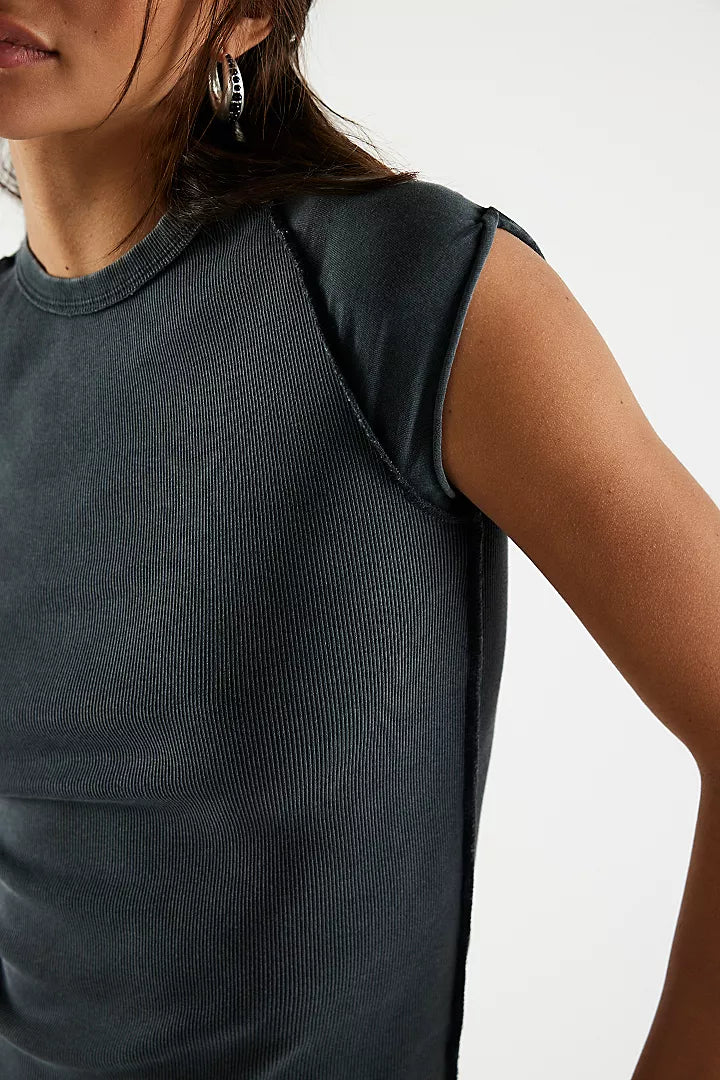 We The Free Ever Had Tee — a slim-fit, hip-length T-shirt with a soft, ribbed, and stretchy texture, featuring a classic crew neckline, cap-style sleeves, subtle raised seam detailing, and a clean, minimal design, Black