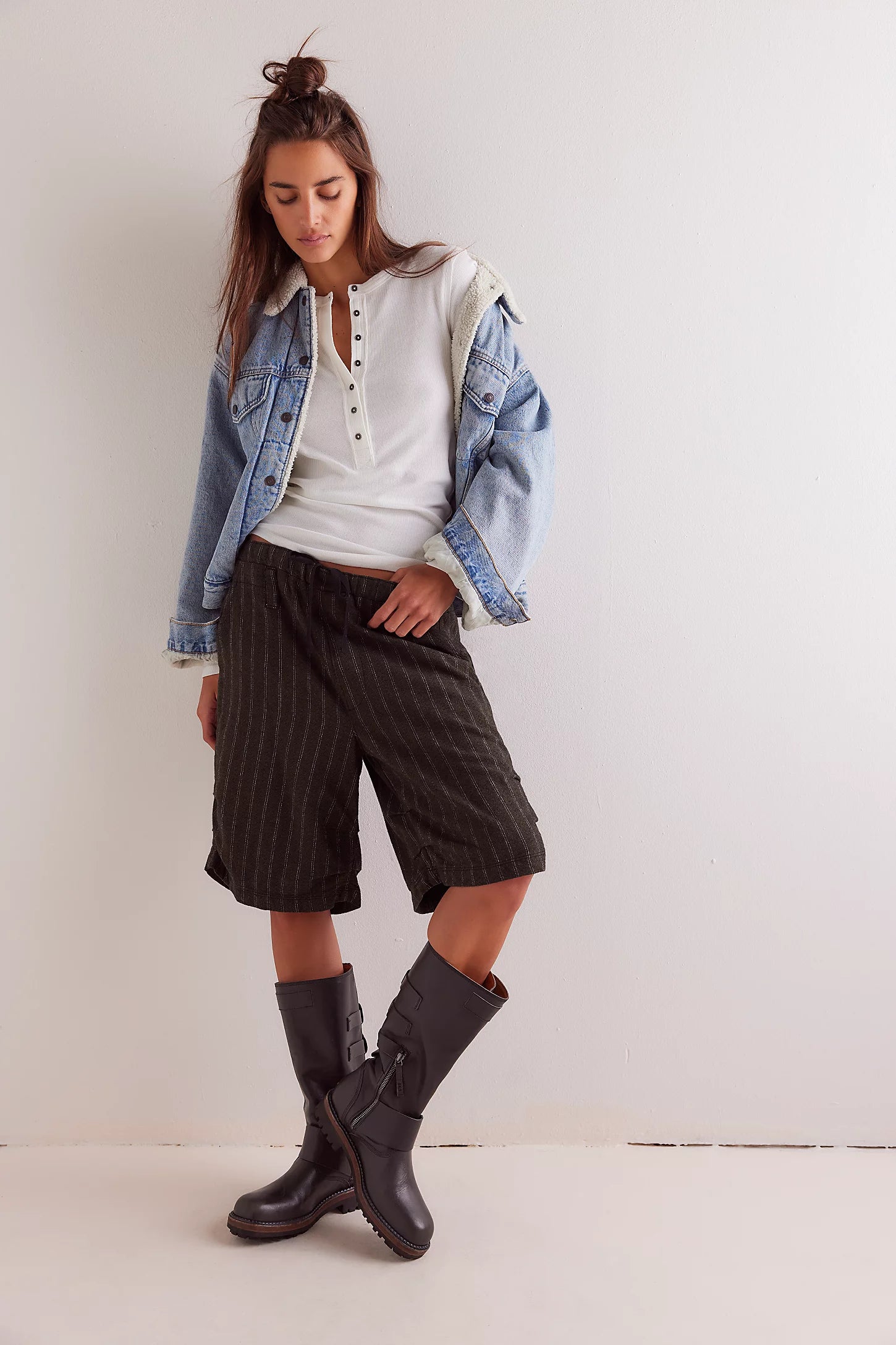 Free People Jamie Henley Top — a fitted, long-sleeve henley-style top featuring soft, stretchy ribbed fabric, a partial button-front closure, scoop neckline, and exposed seam details for a subtly textured, vintage-inspired look, Ivory