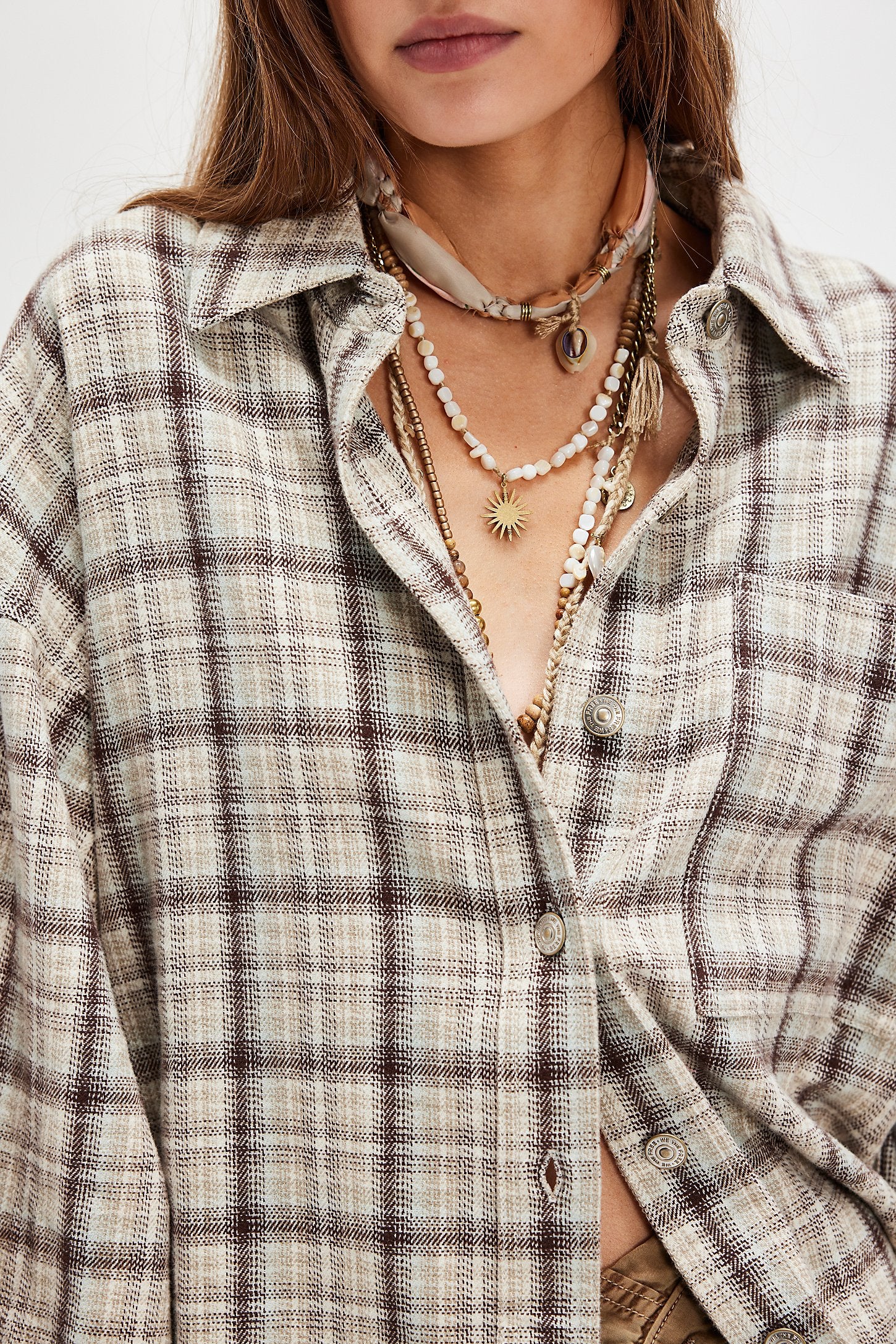 We The Free Ashley plaid shirt, button-down with relaxed fit, soft woven fabric, and classic plaid pattern, Ivory Combo