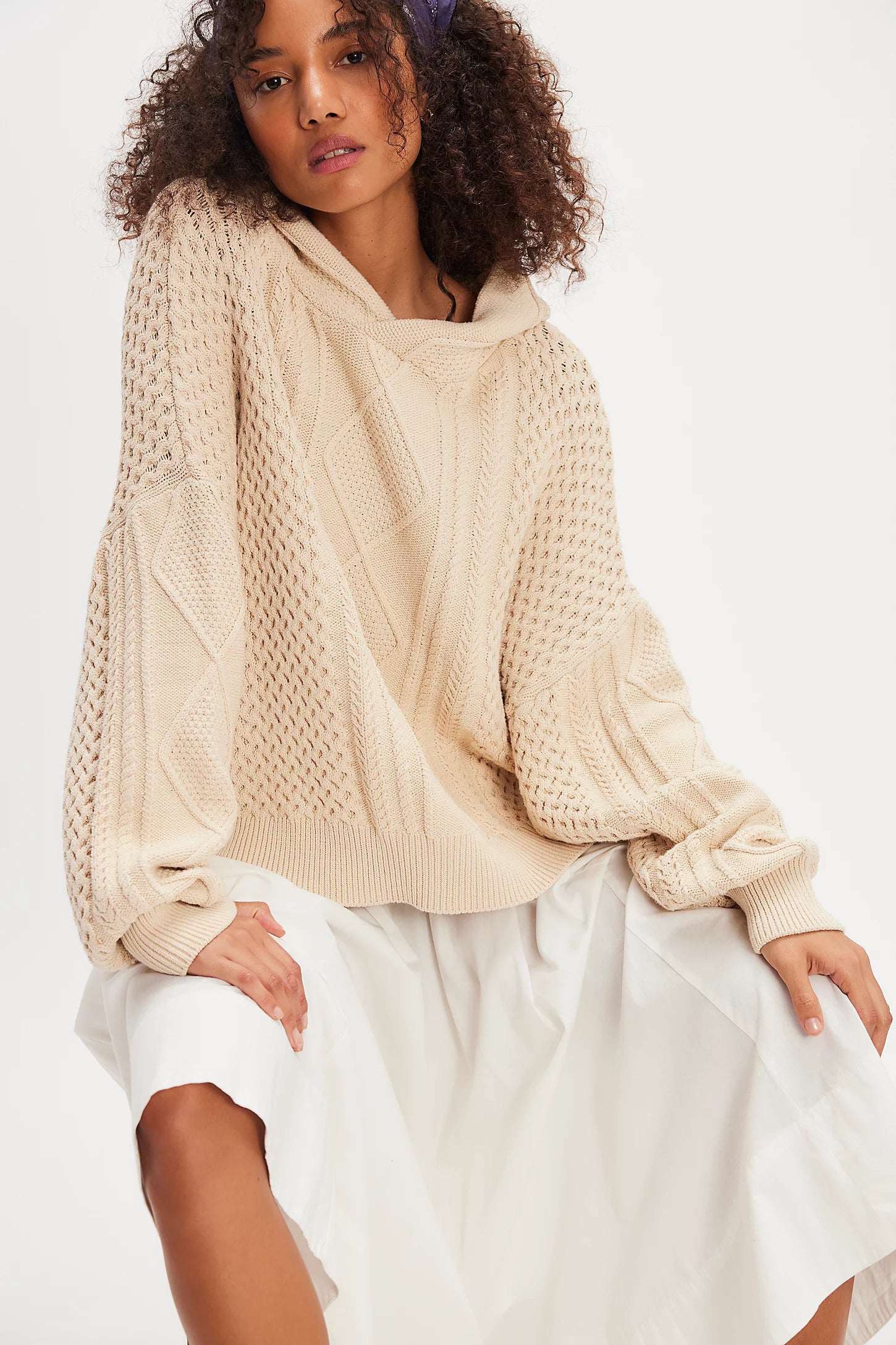 Free People Explorer Cable Hoodie featuring chunky cable knit texture, slouchy oversized fit, and cozy hood, Macadamia