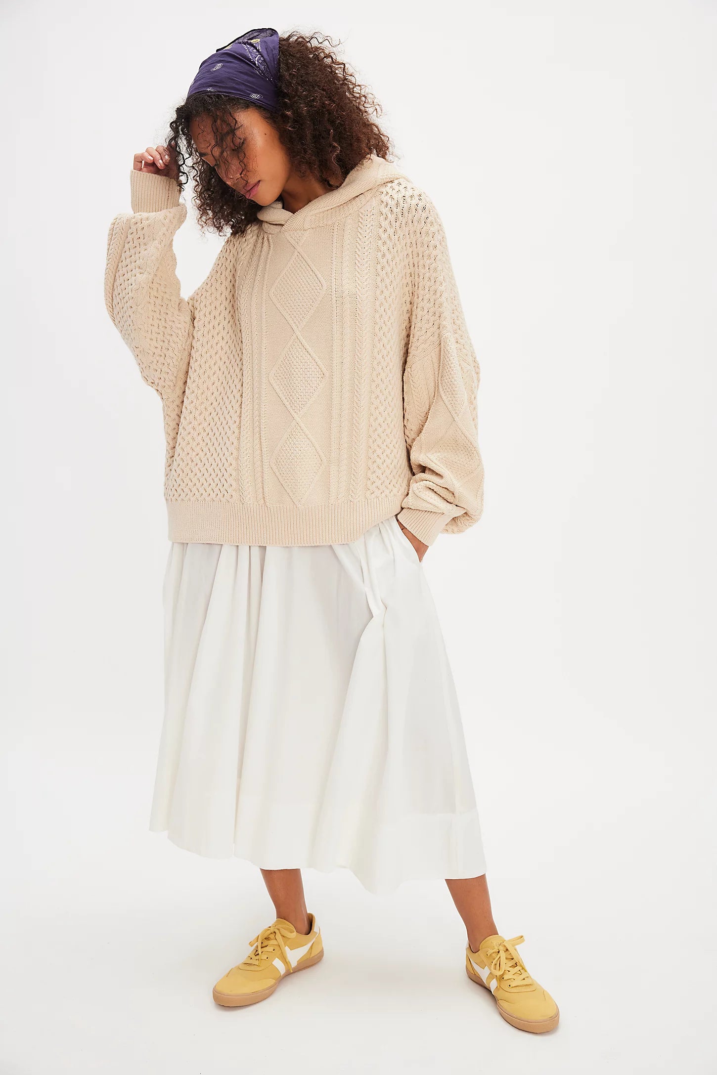 Free People Explorer Cable Hoodie featuring chunky cable knit texture, slouchy oversized fit, and cozy hood, Macadamia