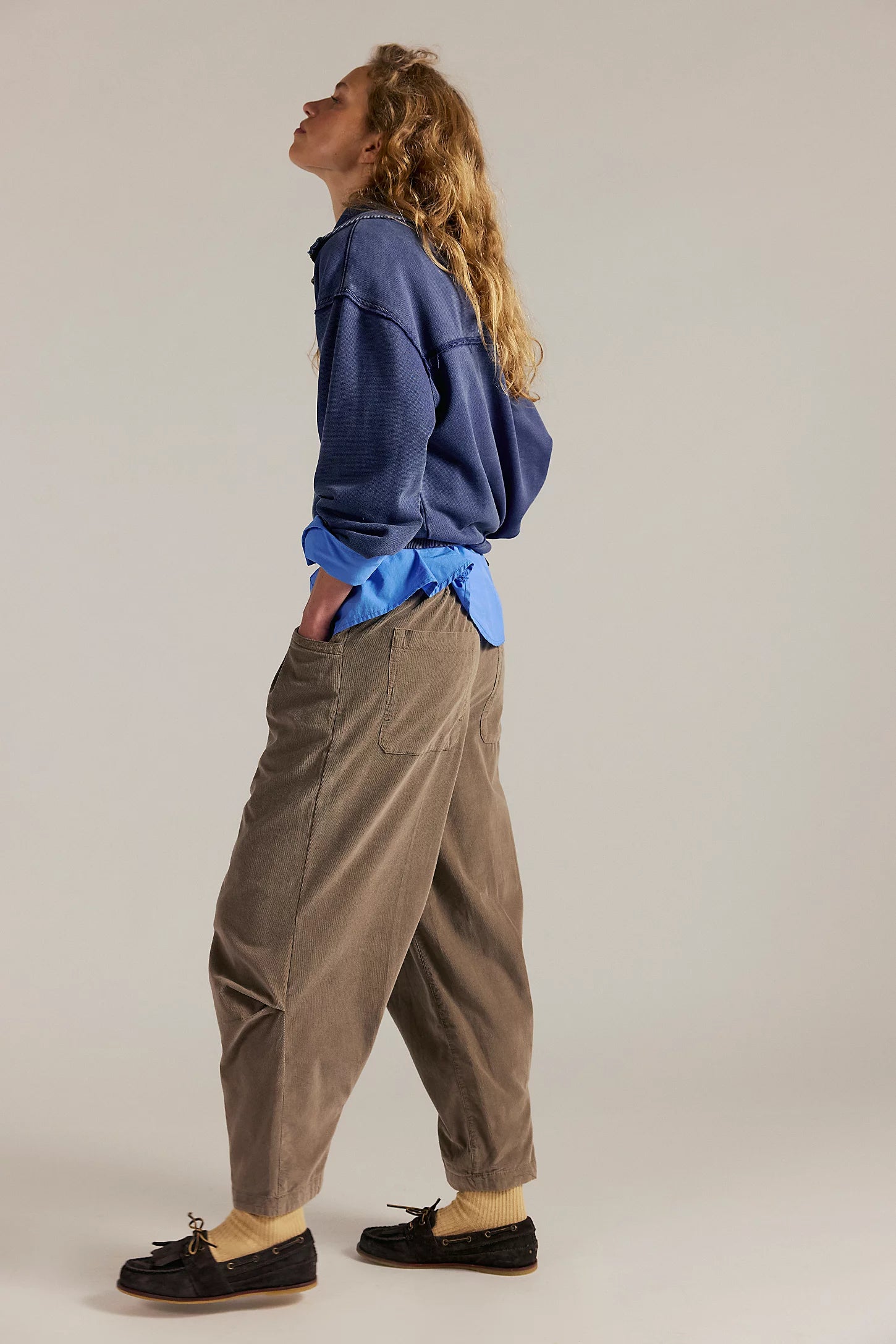 Free People Nice Choice Cord Jeans featuring a mid-rise, slouchy boyfriend fit in soft corduroy for a relaxed, effortless style, Fossil Dune