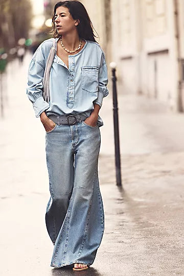 Free People Denim Dreaming Pullover – a lightweight, denim-style pullover top with a relaxed fit and casual vibe, So Soft Light Wash