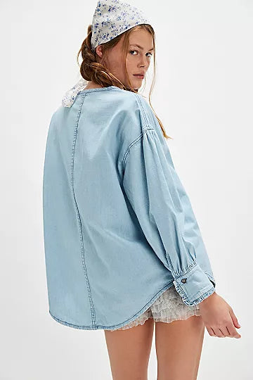 Free People Denim Dreaming Pullover – a lightweight, denim-style pullover top with a relaxed fit and casual vibe, So Soft Light Wash