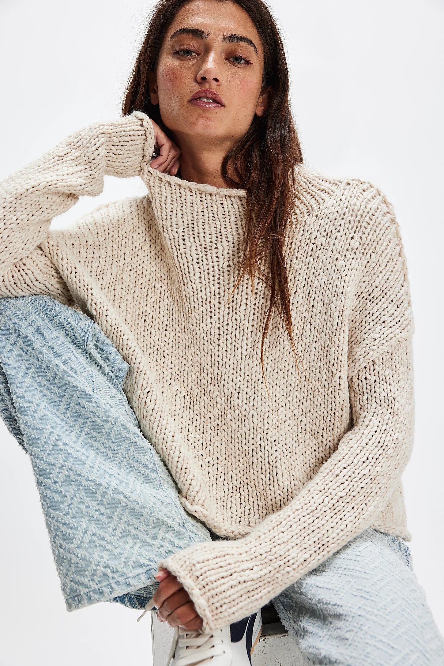 Free People Opal Rollneck Knit Sweater — cozy oversized women’s pullover with chunky texture and rolled neckline, Tea