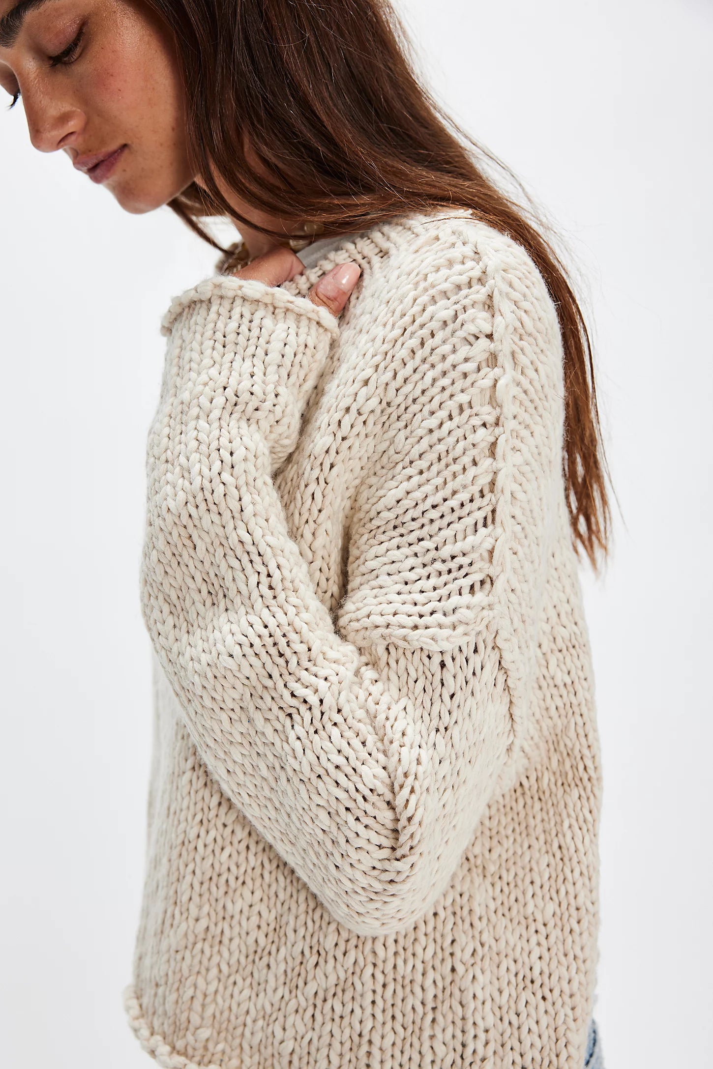 Free People Opal Rollneck Knit Sweater — cozy oversized women’s pullover with chunky texture and rolled neckline, Tea